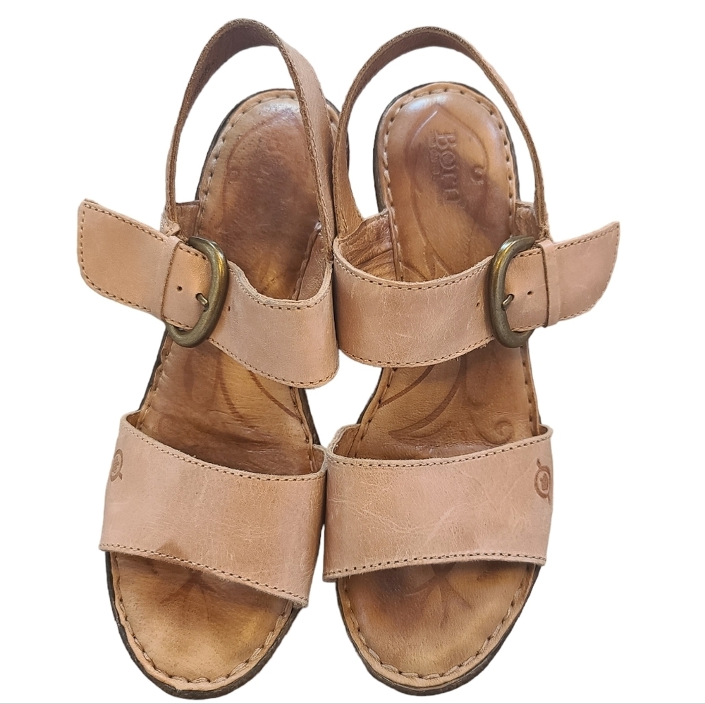 Born Boulder Leather Cork Wedge Sandal Tan Size 9 women's Shoe - Picture 4 of 11